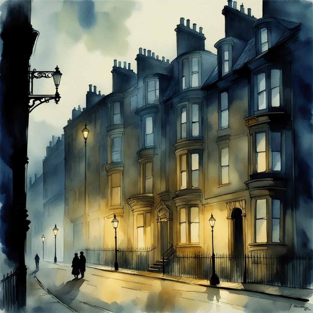 Moody Glasgow Tenement in Watercolour Style