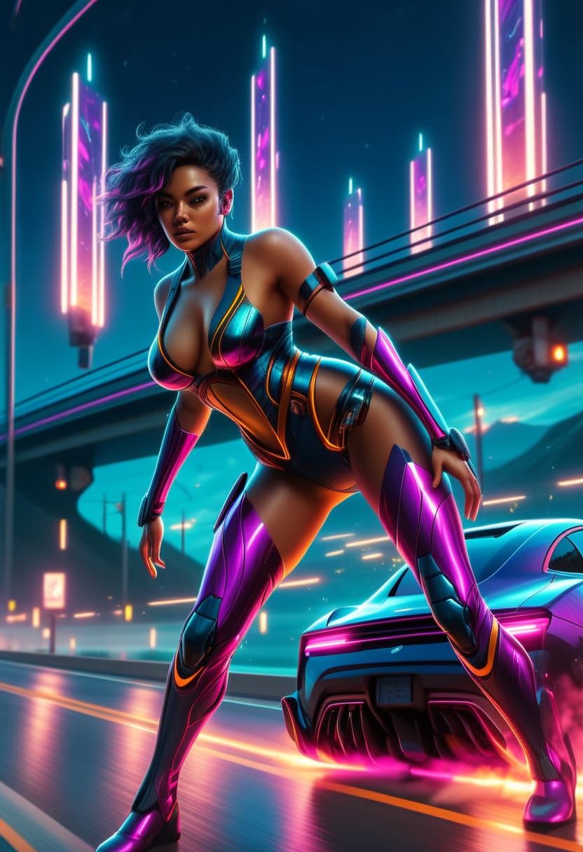 Futuristic Car Speeds Down Night Highway in Electric Blues