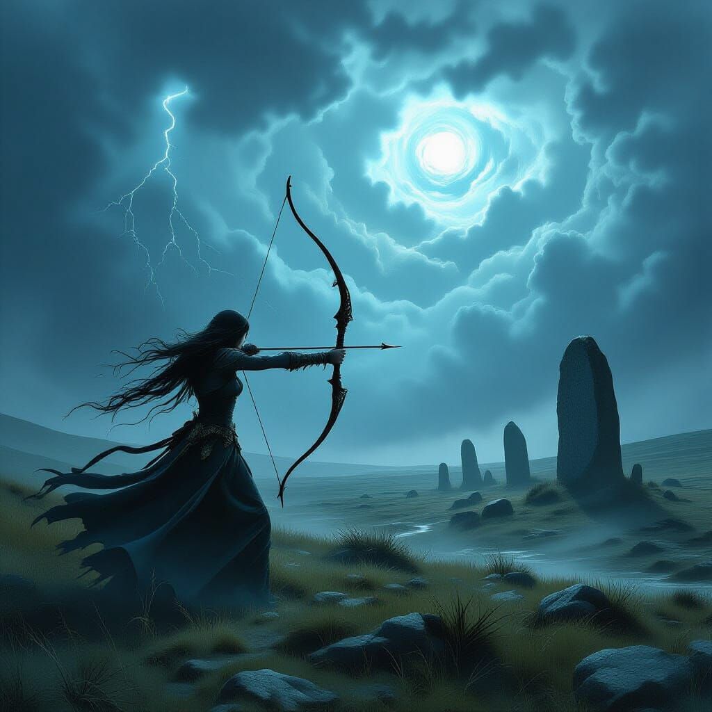 Ethereal Huntress on Windswept Moor in Dark Fantasy Art