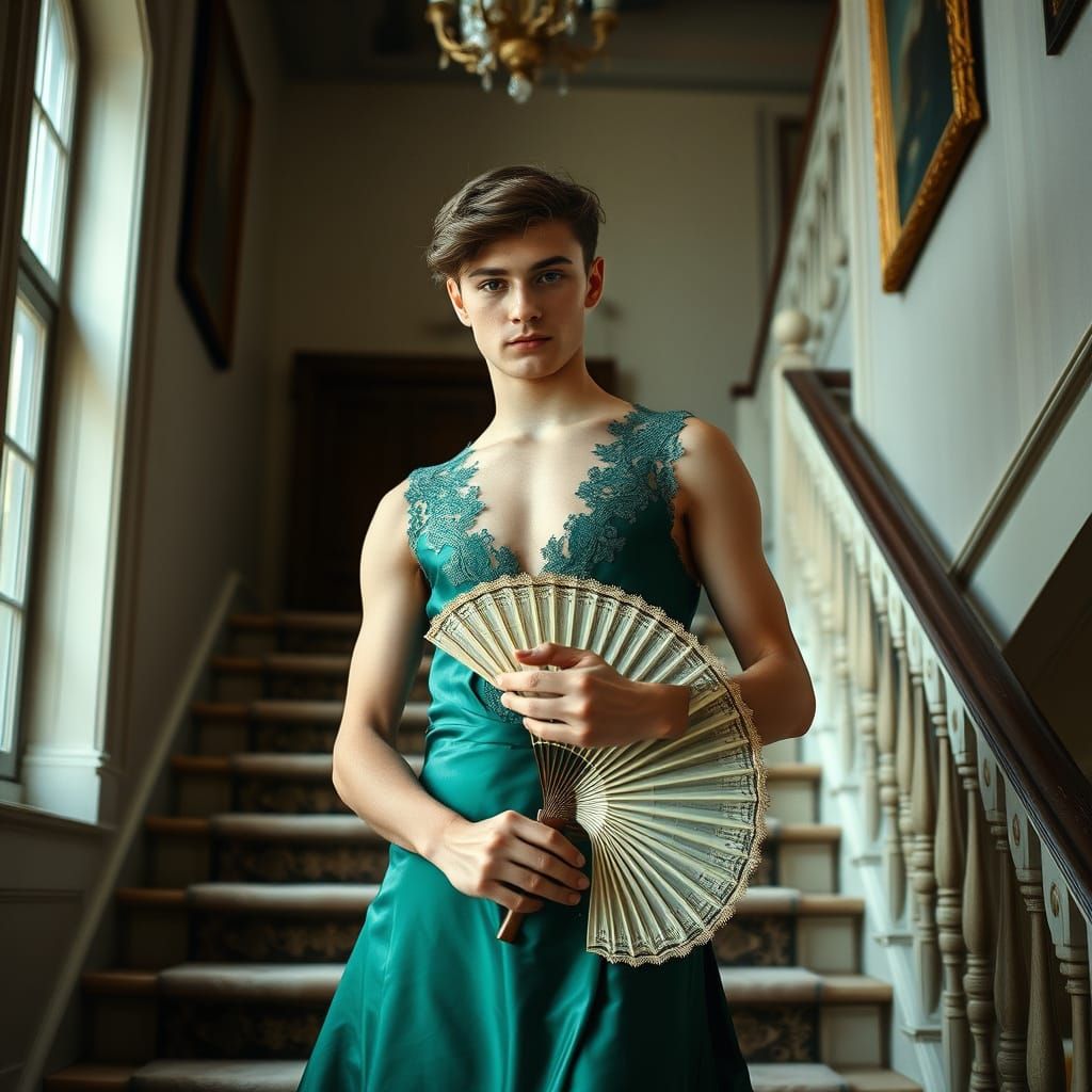 Man in Emerald Dress on Grand Staircase