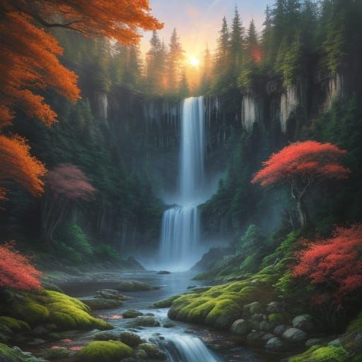 Autumn Waterfalls Cascade Mountain Cliff in Hyper-Realistic ...