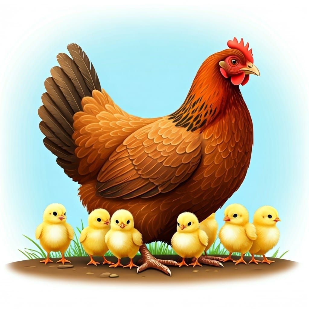 Mother Hen Surrounded by Adoring Chicks in Sunny Farm Landsc...