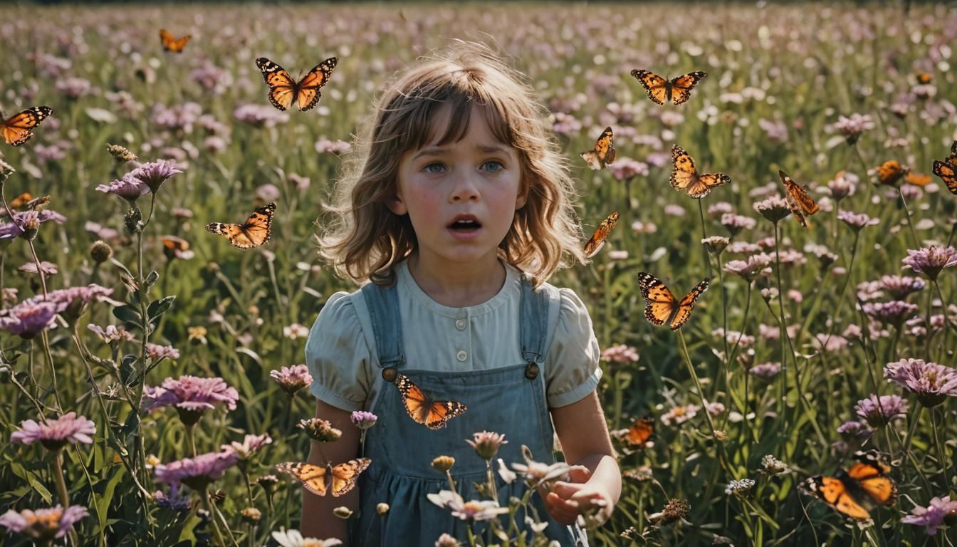 Child in Wonder at Butterfly Meadow: Photorealistic Film