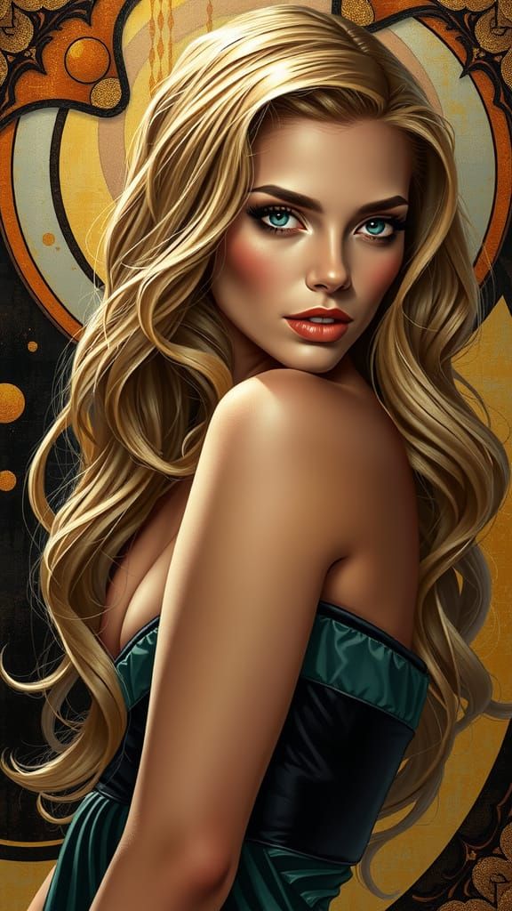 Confident Woman with Swirling Colors in Art Nouveau Style