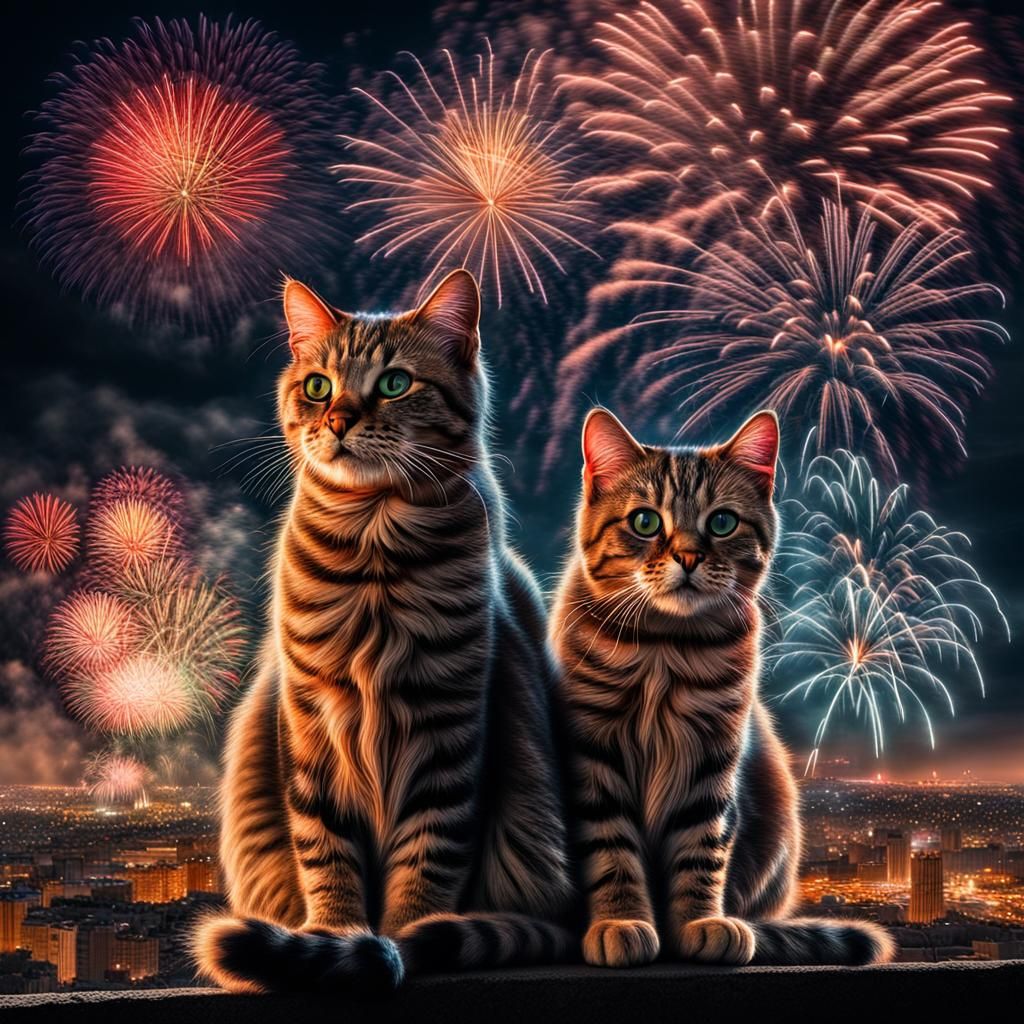 Hyperrealistic Fireworks Cats in Cinematic Composition
