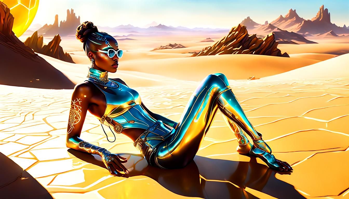 Cyberpunk Girl in Topaz Desert with Neon Bodypaint