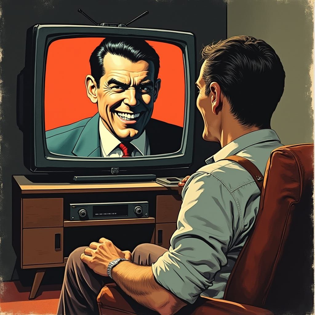 Man Watches TV Self with Sinister Grin, Retro Comic Style