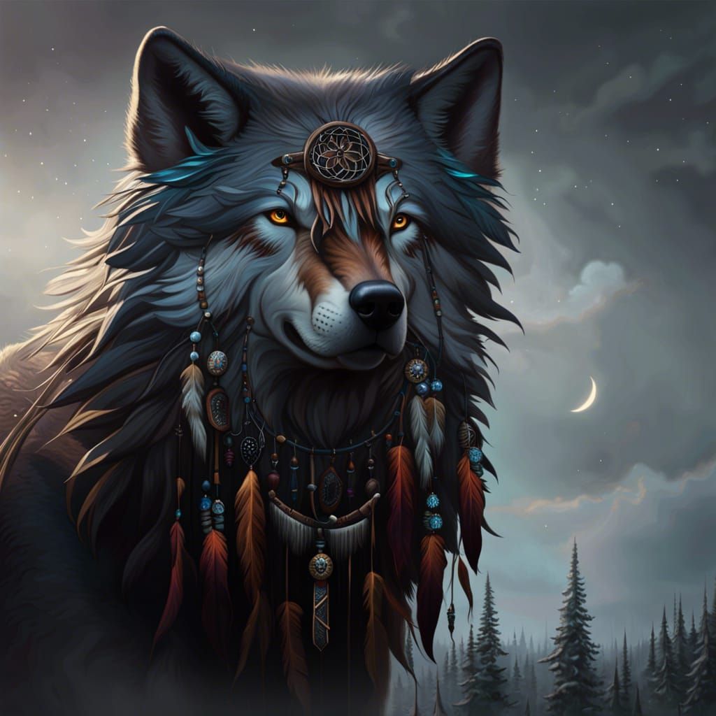 Dreamcatcher Wolf in Dark Fantasy Style