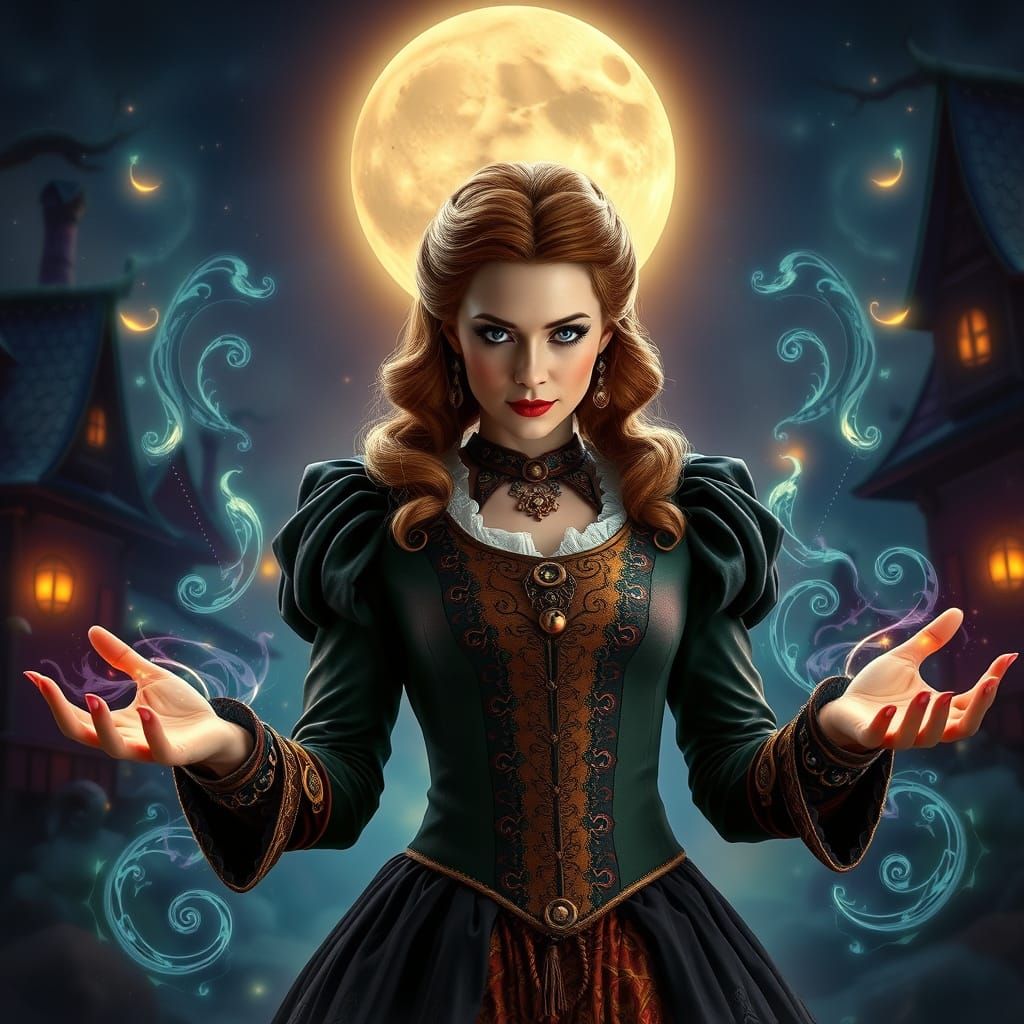 Mystical Sarah Sanderson Portrait in Whimsical Moonlit Setti...