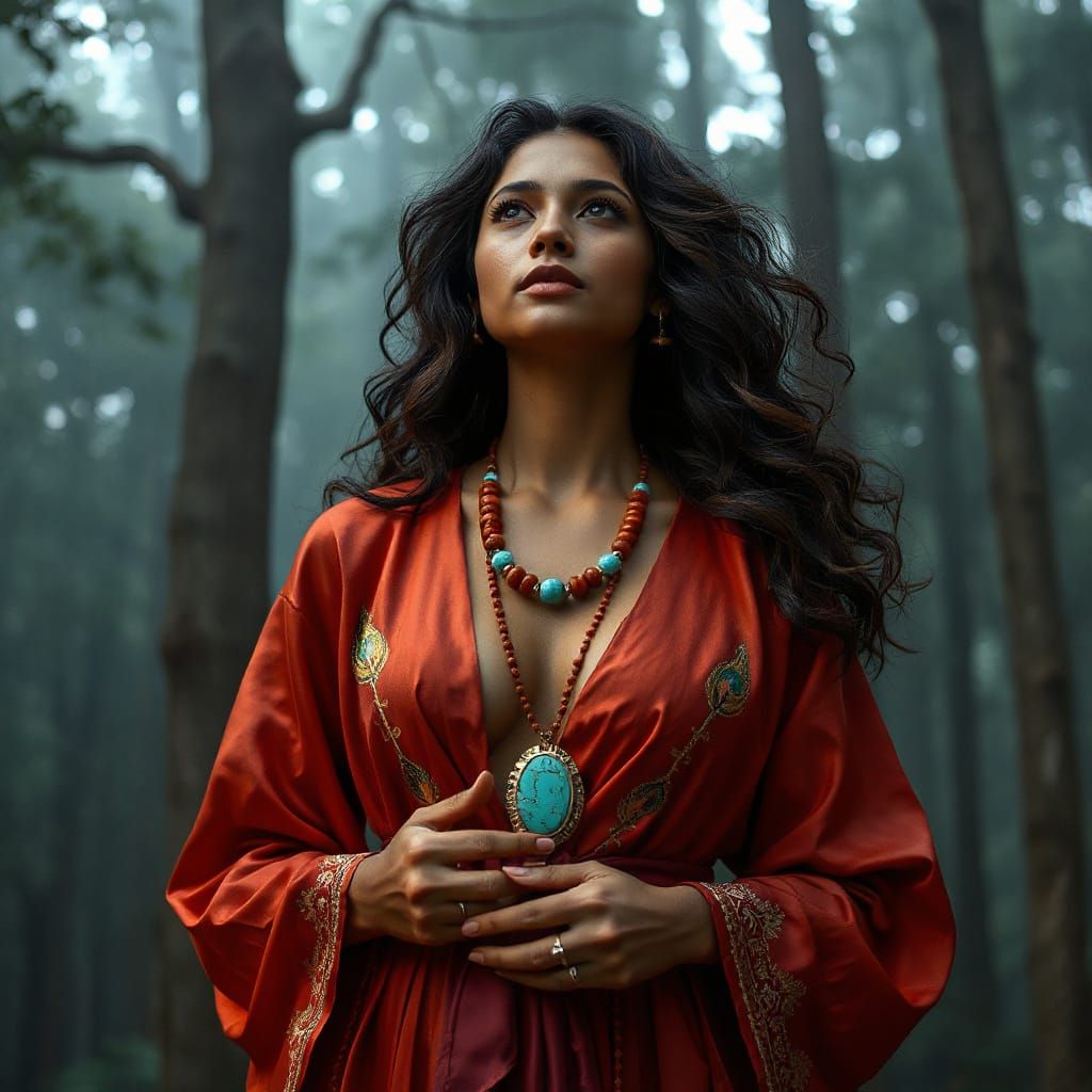 Ethereal Indian Woman in Misty Forest Twilight