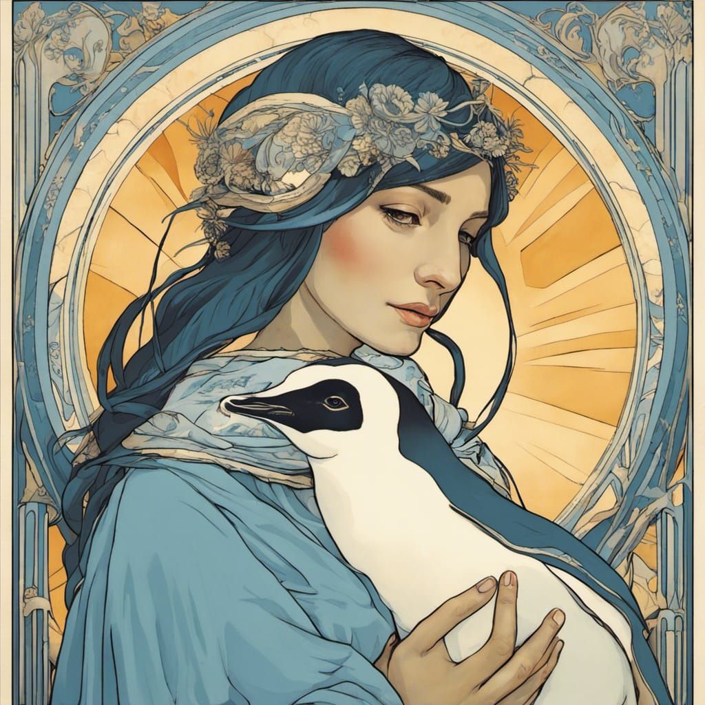 Woman and Penguin in Alphonse Mucha Style