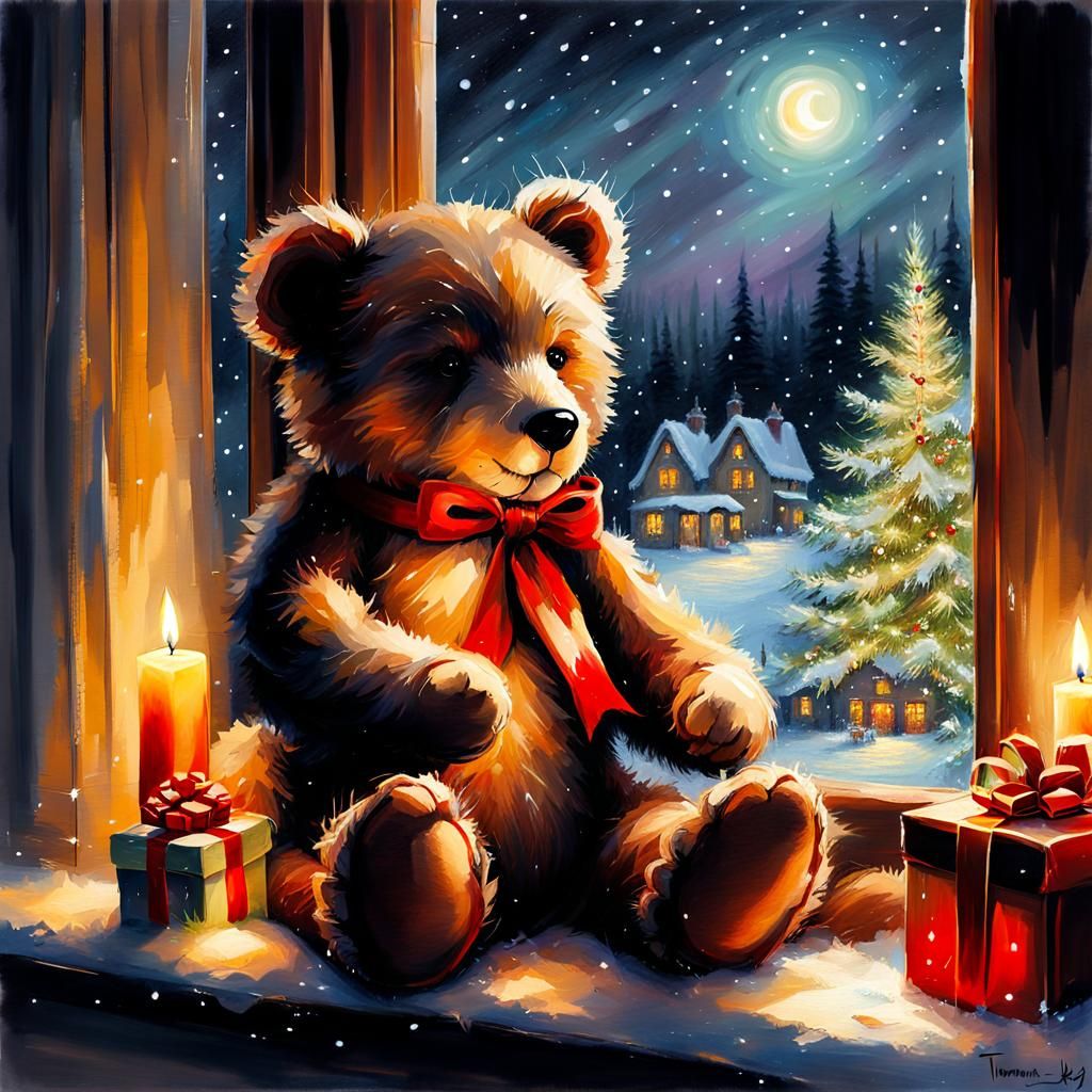 Dreamy Christmas Night Teddy Bear Watercolor