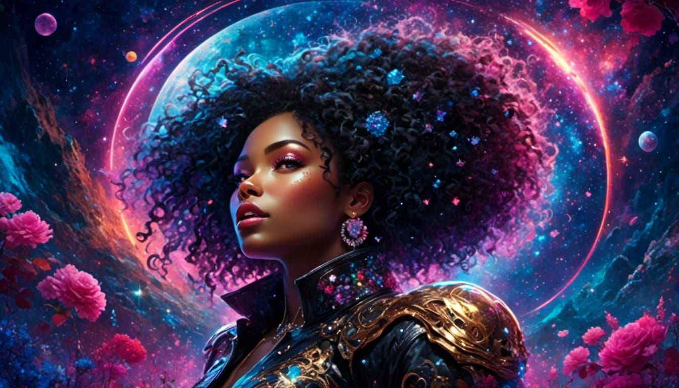 Joyful Woman on Space Motorbike in Milky Way