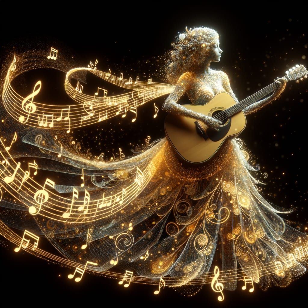 Luminous Fantasy: Woman in Musical Gown Plays Guitar