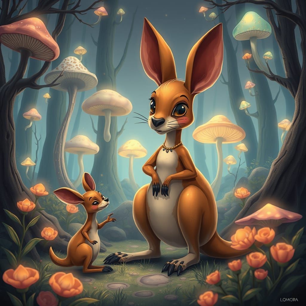 Surreal Kangaroo Family in Dreamlike Forest