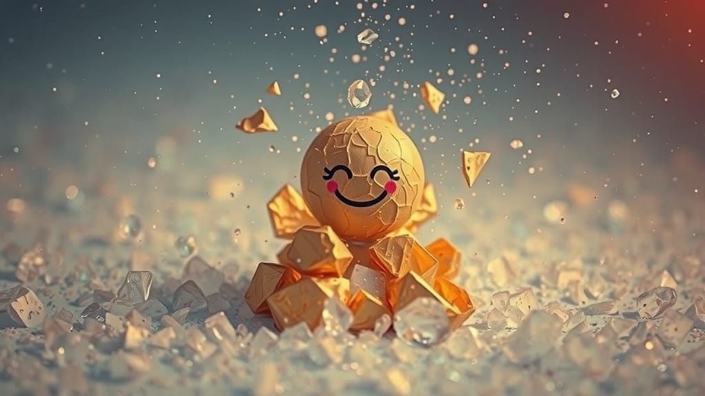 Golden Paper Face Melts into Ice Crystals in Golden Hour Lig...