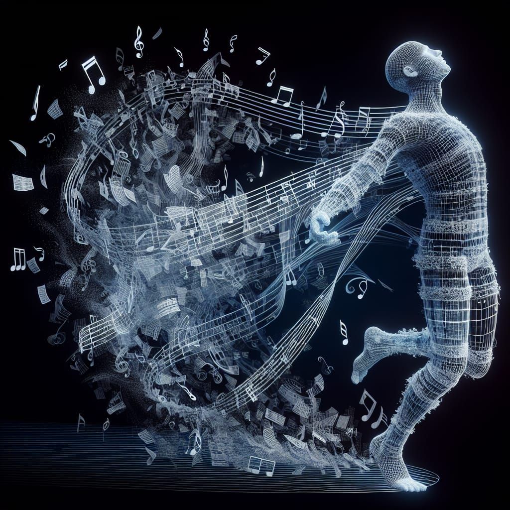 Ghostly Wireframe Man Dancing with Sound Waves