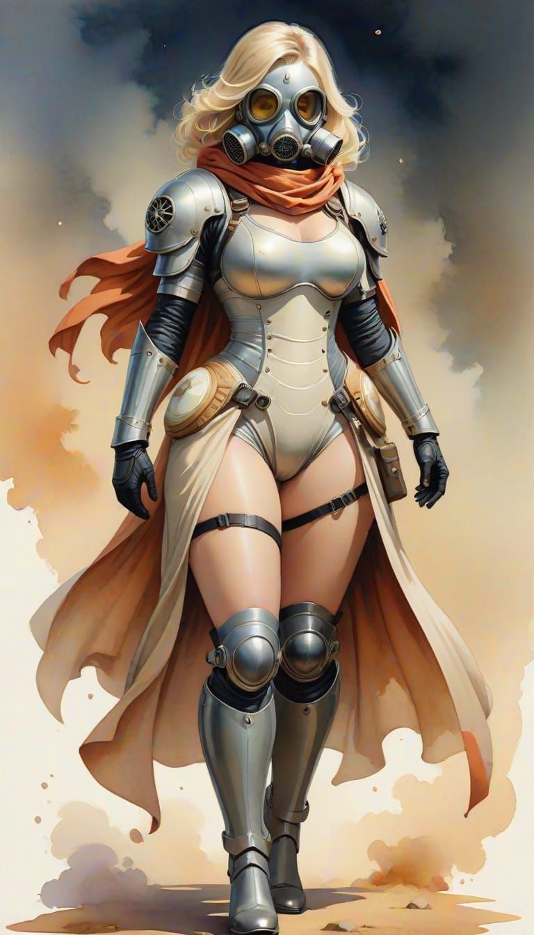 Gas mask, 

Medium, beige-blonde hair and hazel eyes, Cape and Long dress