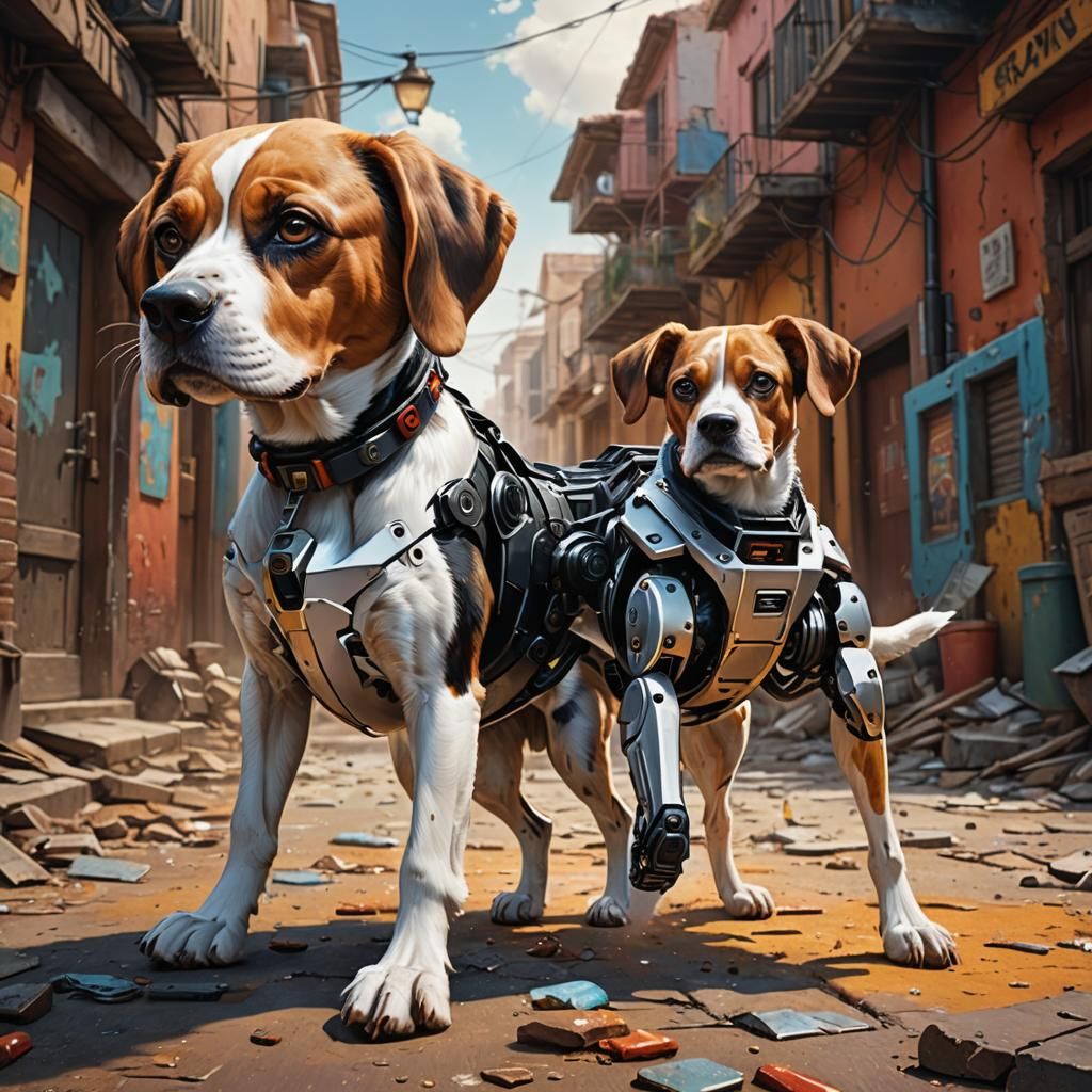 Robotic Beagles Hunting Fox: Hyperrealistic Digital Art