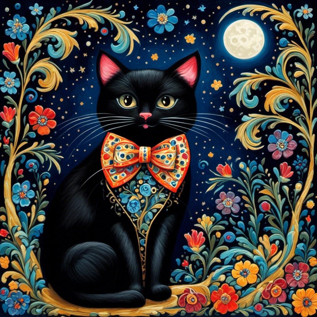 Black Cat with Bowtie at Night