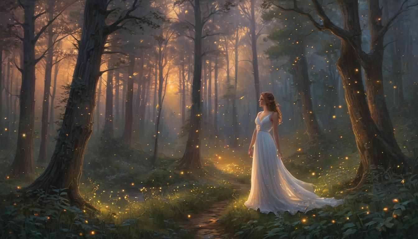 Woman in Forest at Sunset in Fantastical Realism
