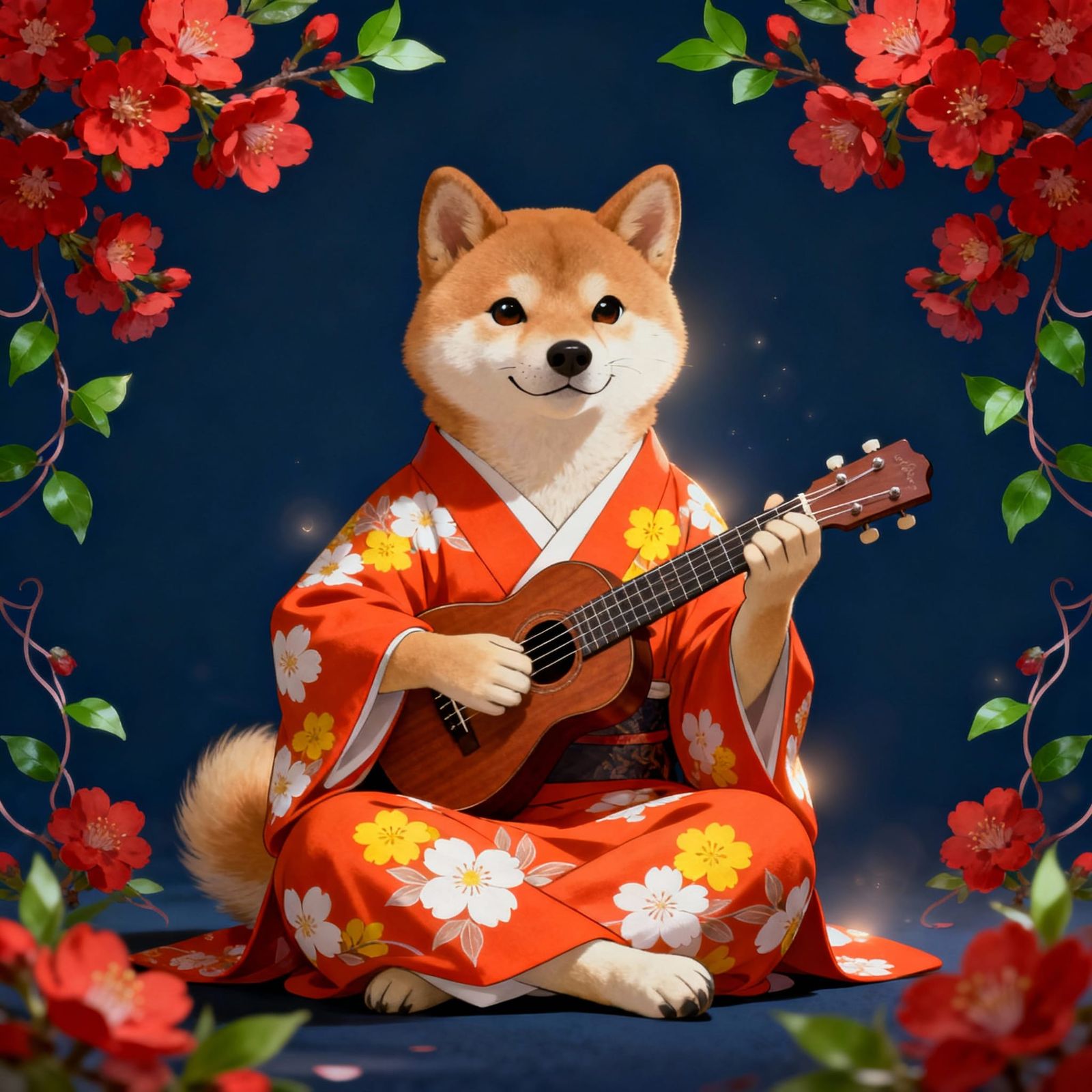 Shiba Inu in Kimono Playing Music, Ghibli Inspired Art