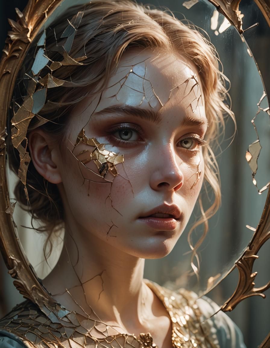 Cracked Reflection: Portrait of a Girl in Broken Porcelain