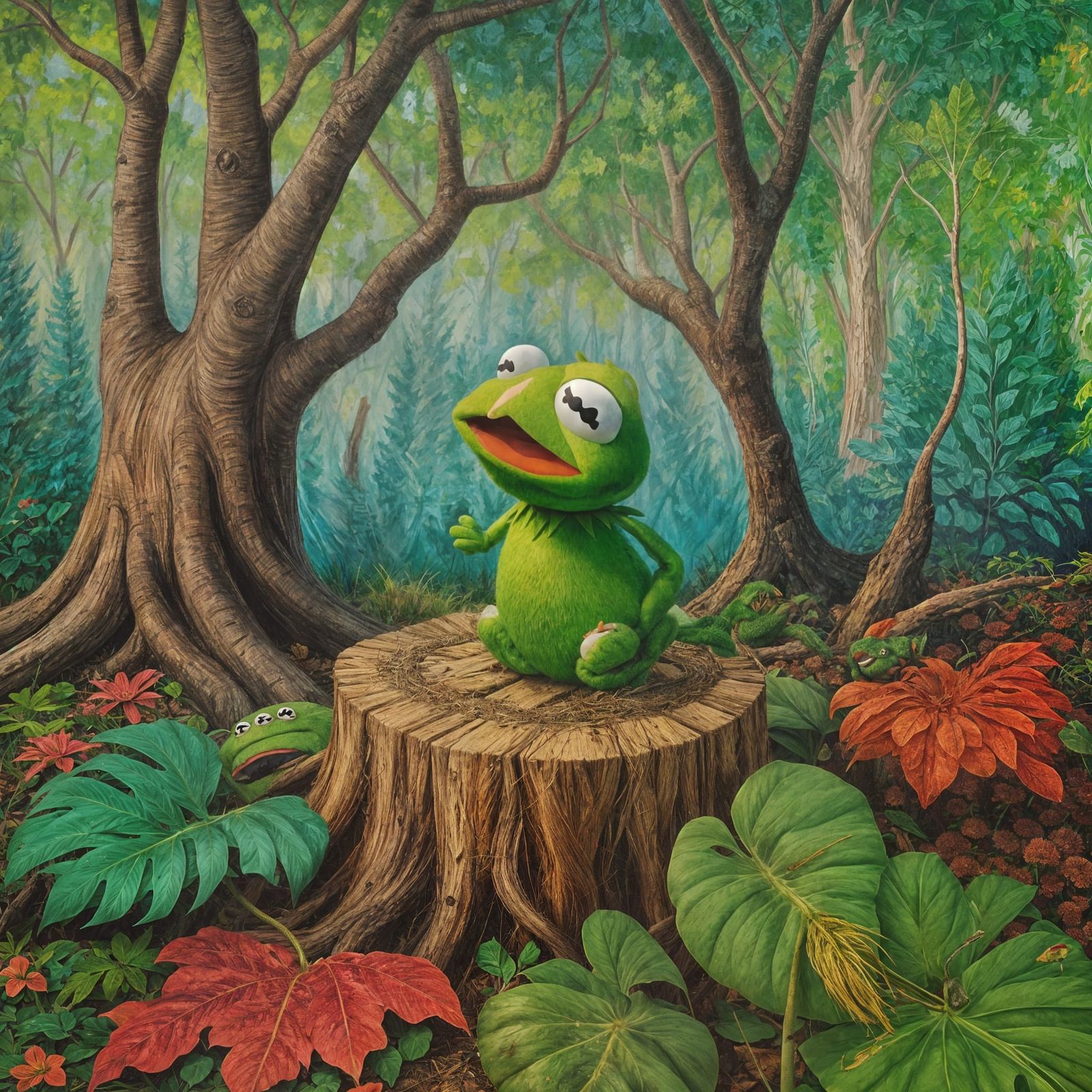 Vibrant Fauvist Portrait of Kermit: A Whimsical Forest Scene