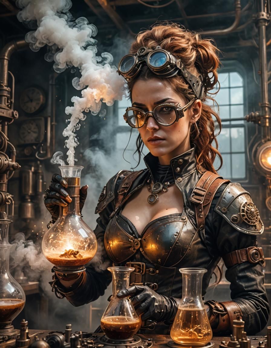 Steampunk Alchemist Mixing Reagent in Laboratory