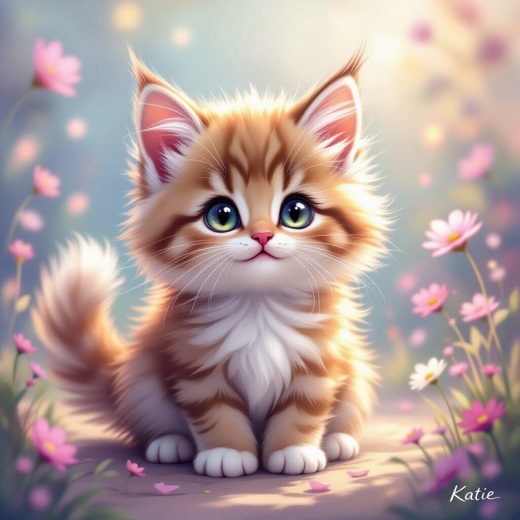 Cute Fluffy Kitten Katie in Pastel Dreamscape