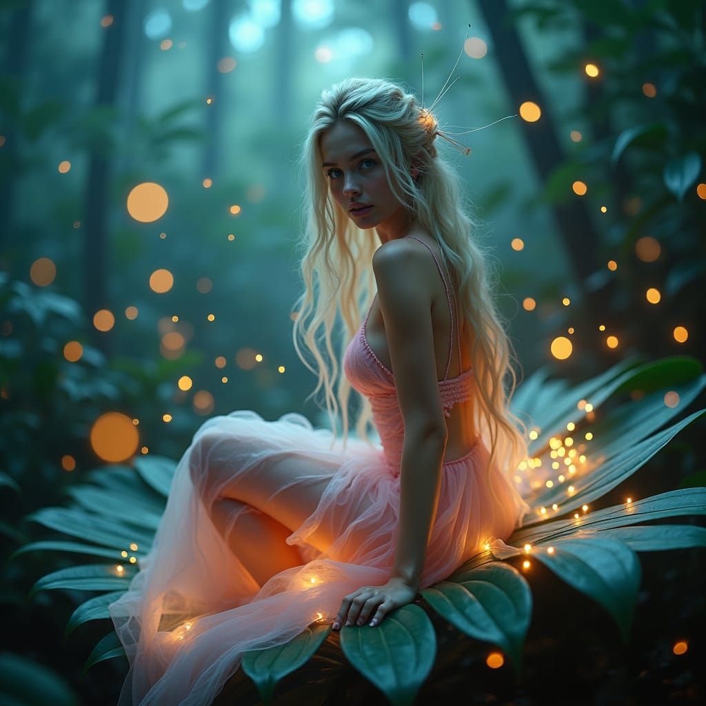 Blond Fairy in Rainforest with Fireflies