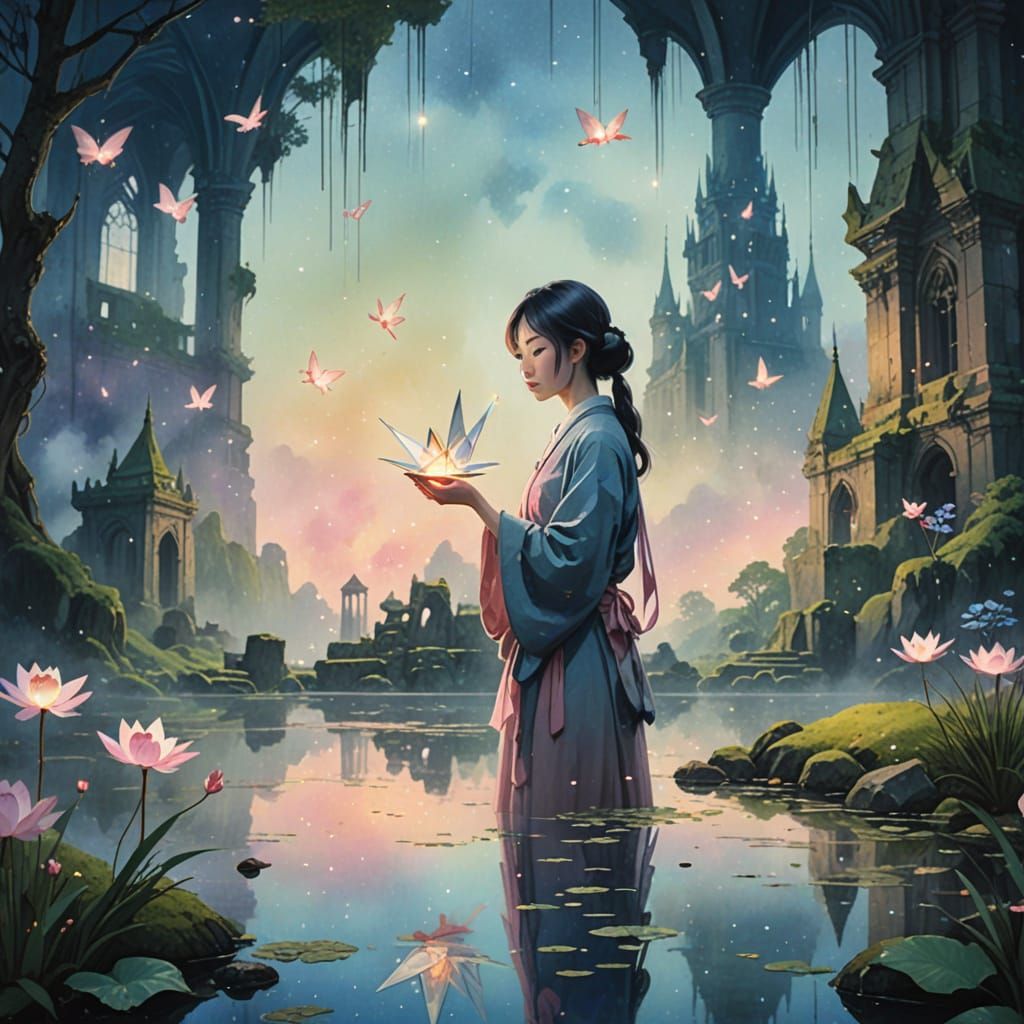 Japanese Woman with Crane in Watercolor Style