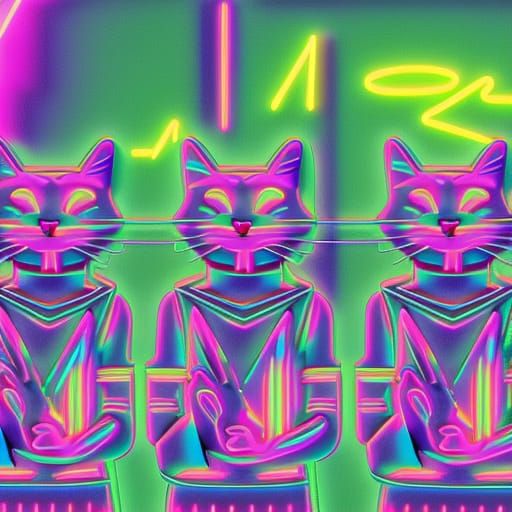 Cartoon Cats Praying in Vaporwave Style