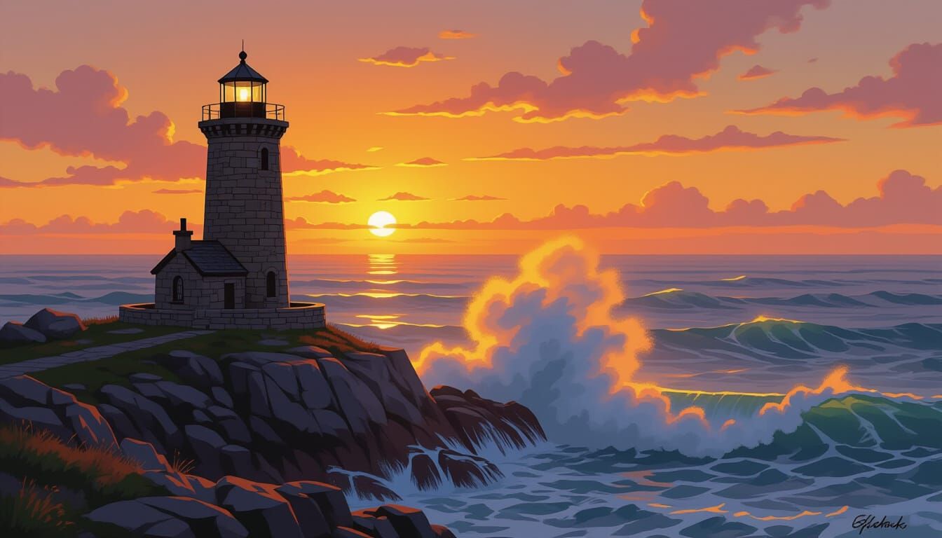 Lighthouse at Sunset in Romantic Style