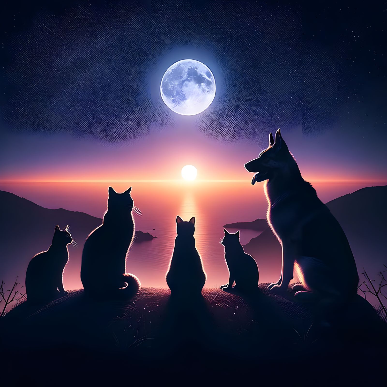 Silhouetted Pets Bask in Full Moon Glow