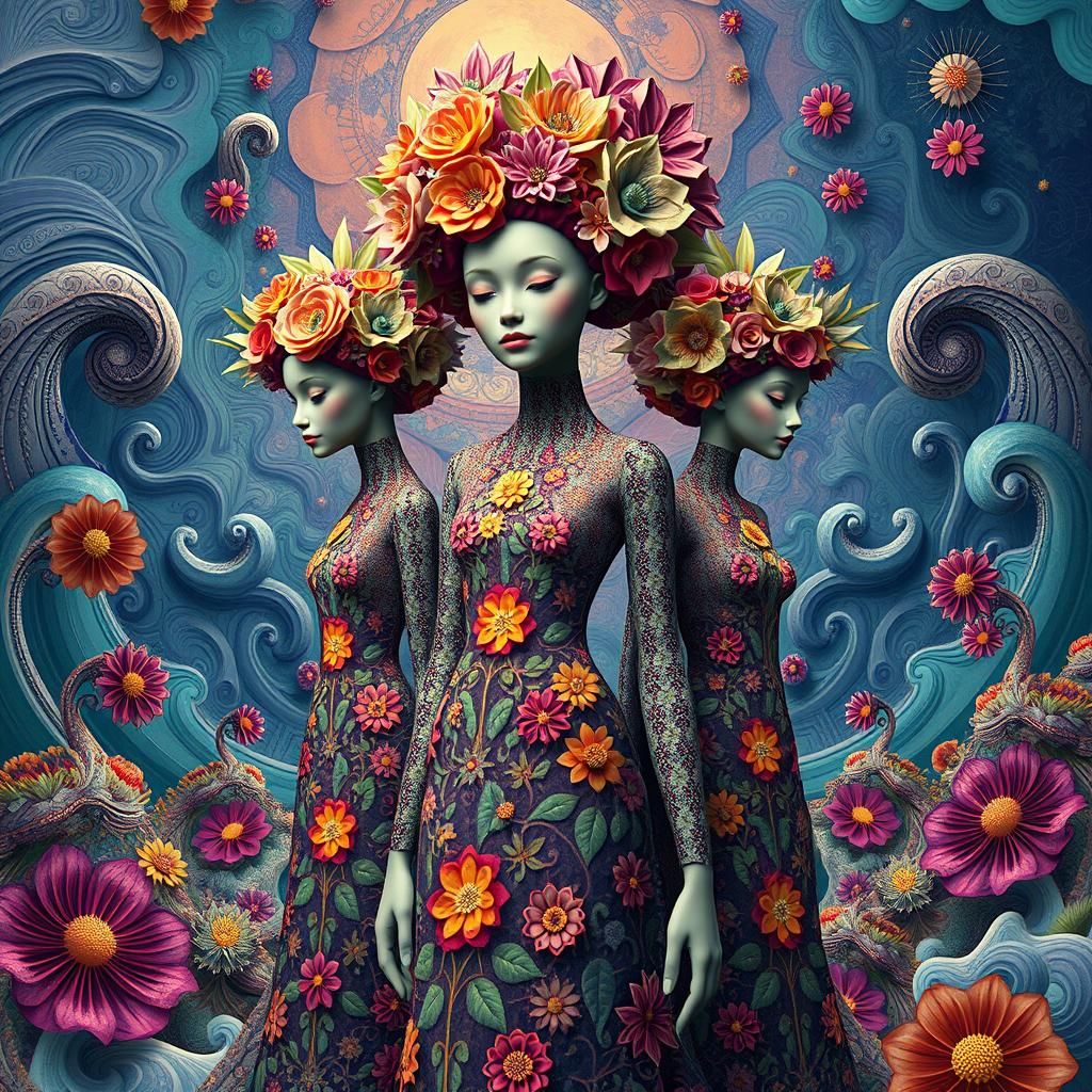 Three-Headed Fractal Lady in Psychedelic Art Style