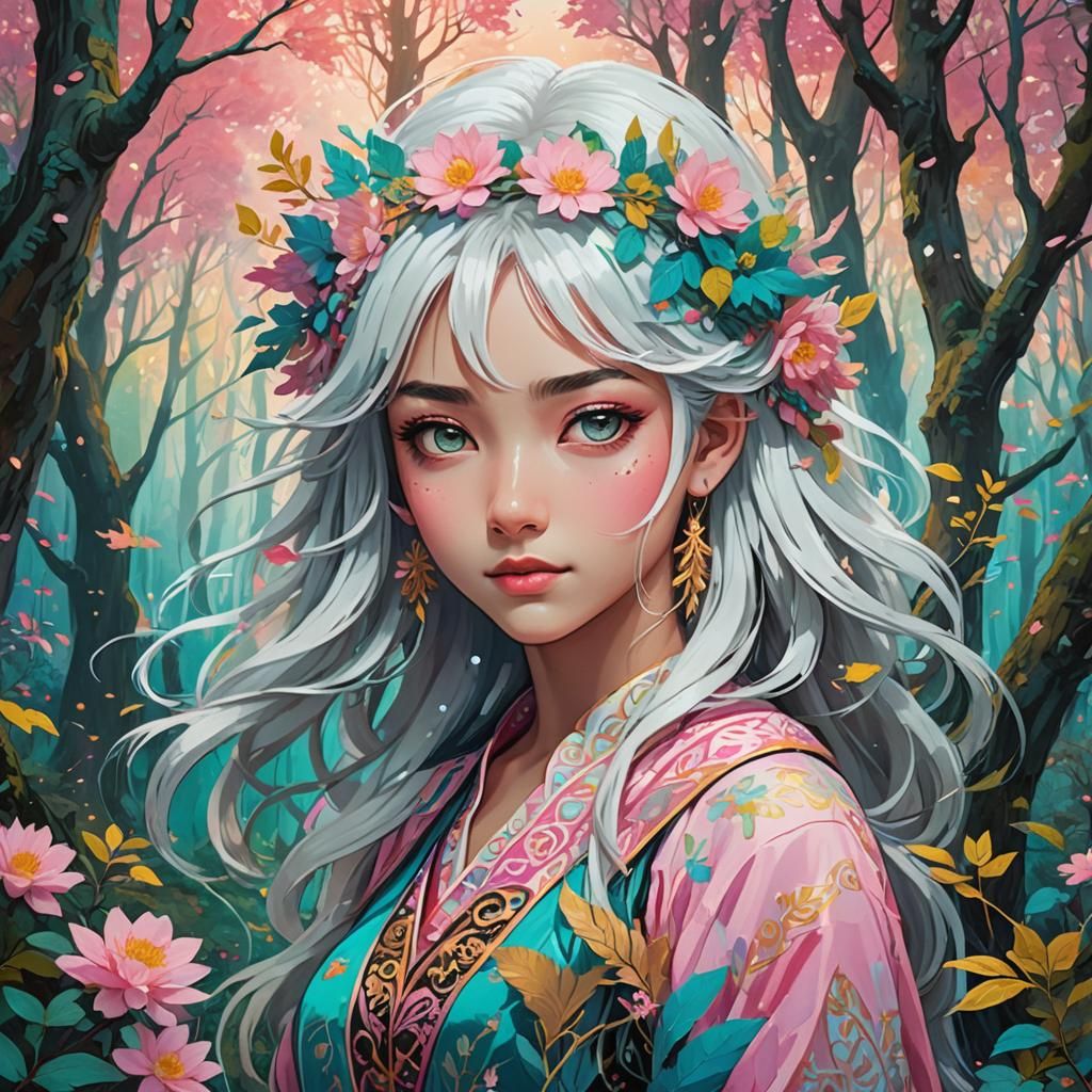 Fauvist Anime Portrait of Manga Girl in Forest
