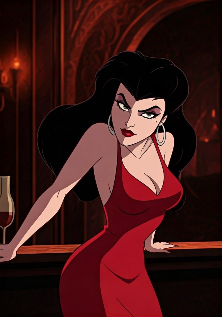 Sultry Natasha Fatale in Red Dress, Gazing at the Camera