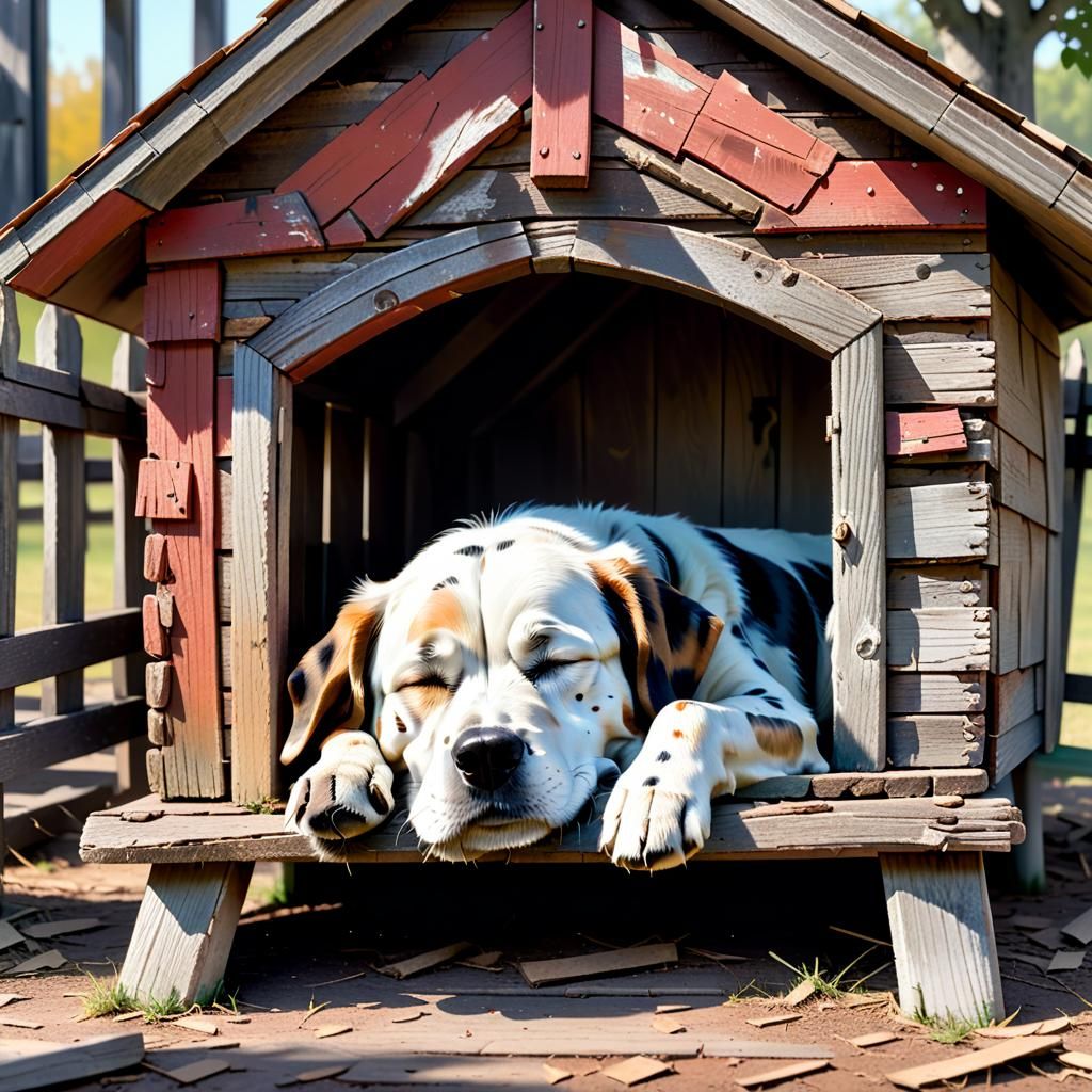 Old Dog Sleeping in Dog House Named SPOT