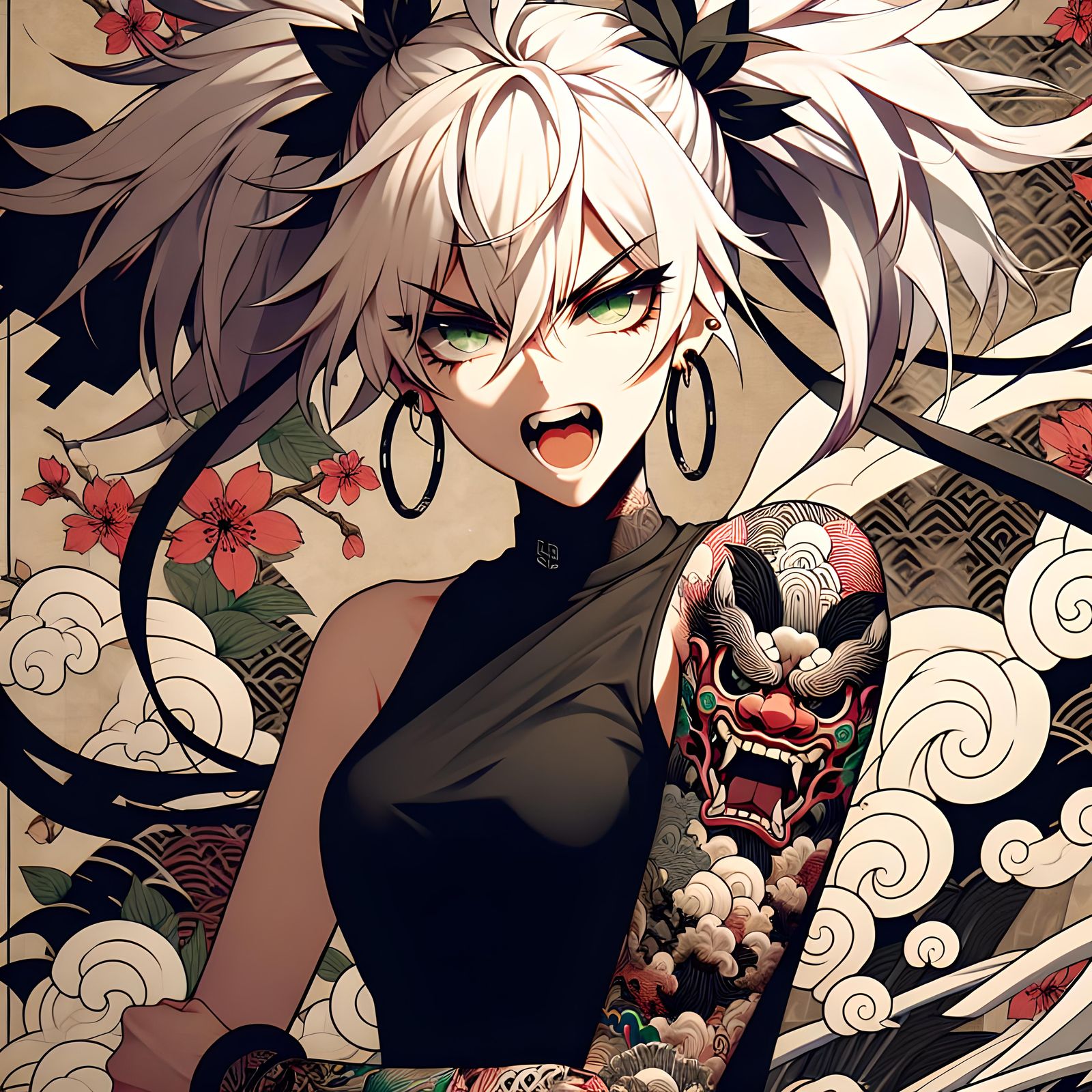 Anime Girl with Oni Tattoo in Japanese Style