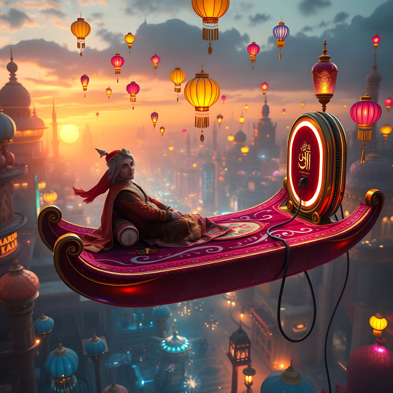 Enchanted EV Flying Carpet at Futuristic Charging Station