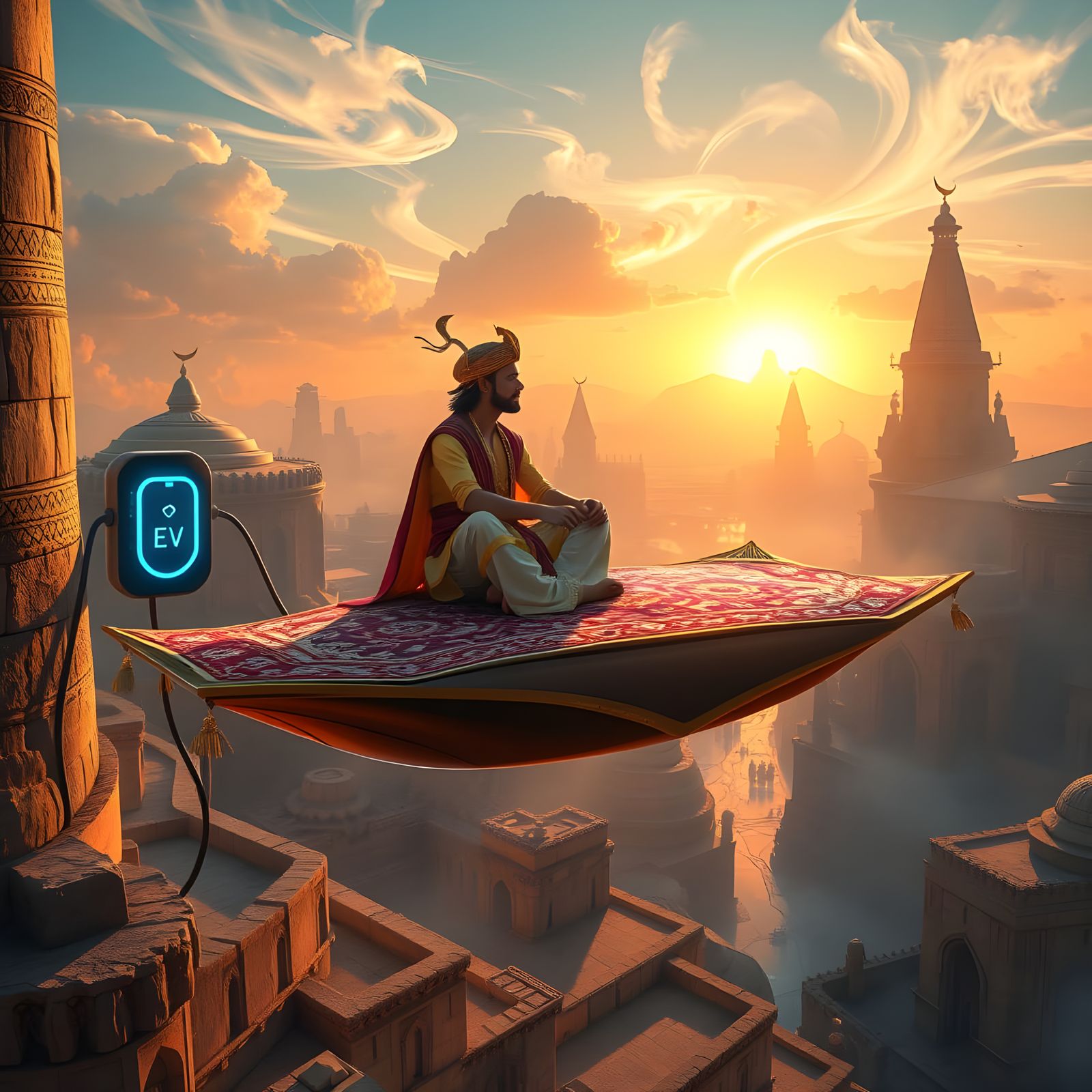 Enchanted EV Flying Carpet at Futuristic Charging Station