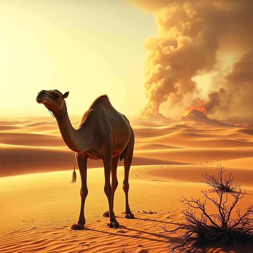 Camel in Desert Inferno, Haunting Oil-Painted Landscape