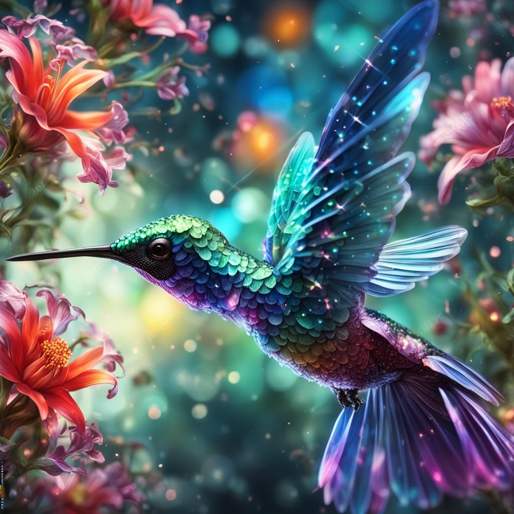 Glass Hummingbird with Shimmering Wings, Digital Painting
