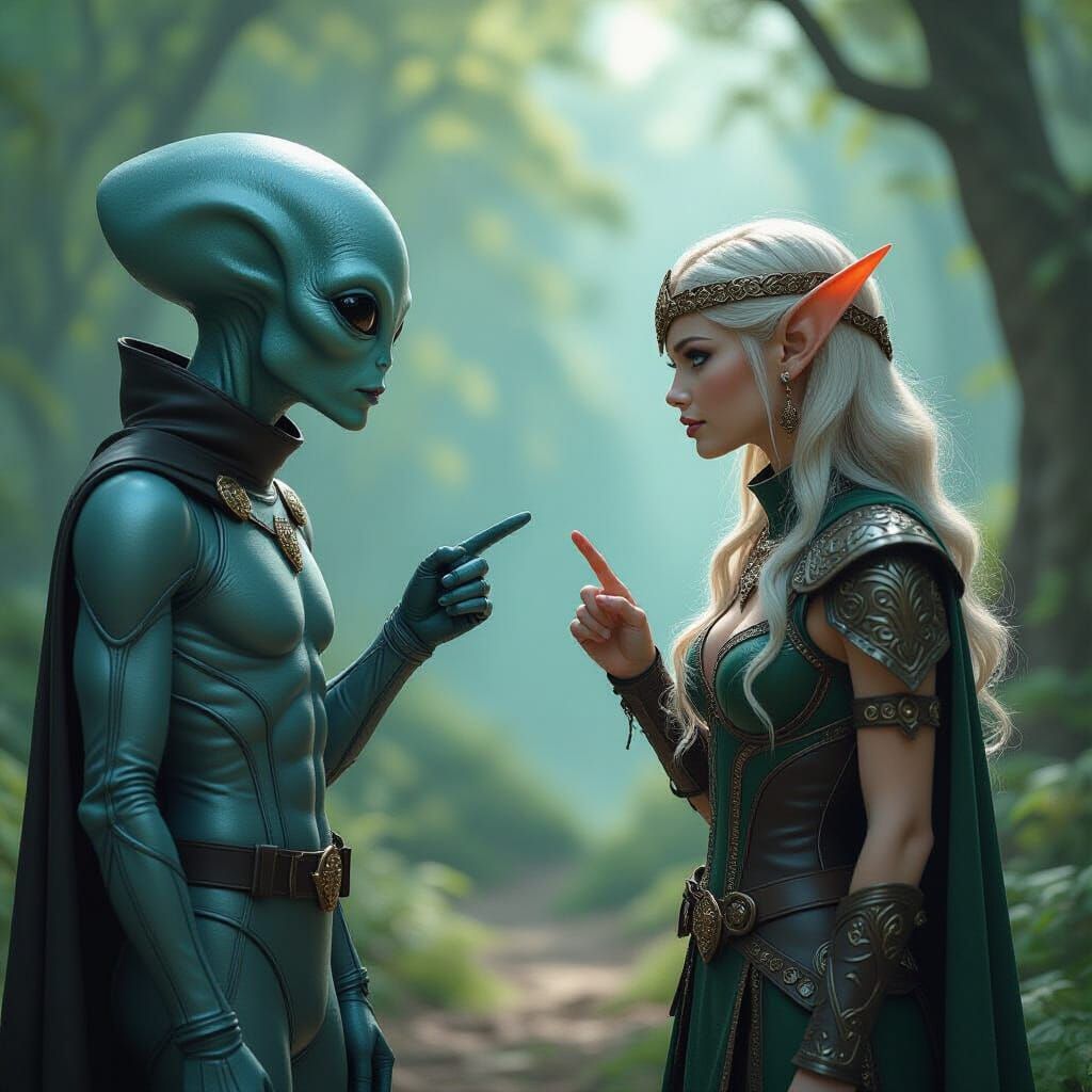 Alien and Elf Encounter in Mystical Forest