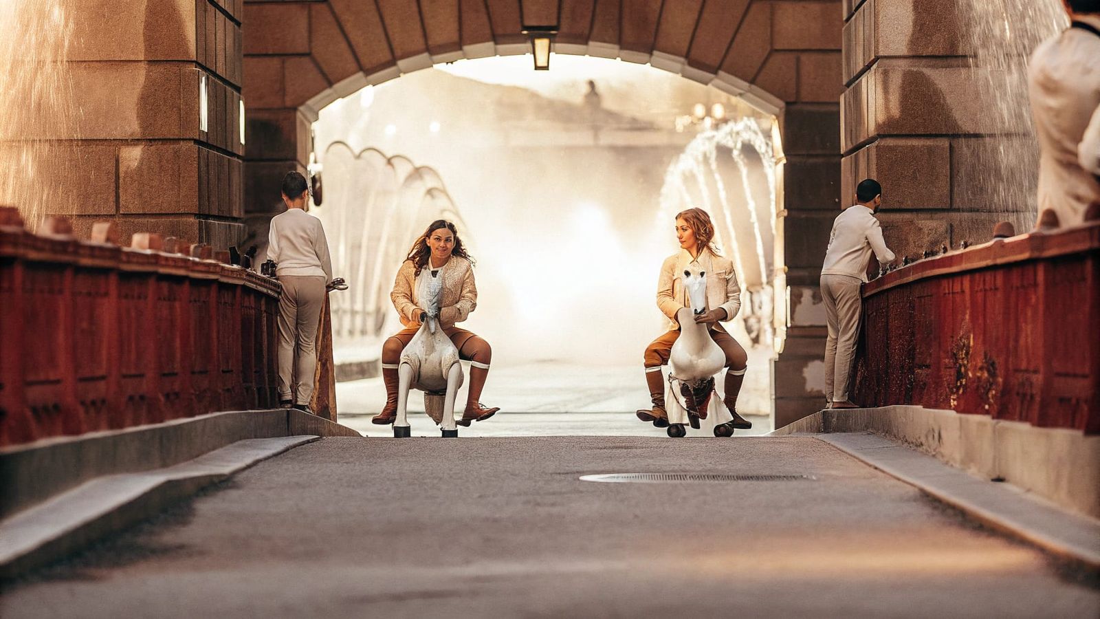 Whimsical Rocking Horse People Feast by Fountain