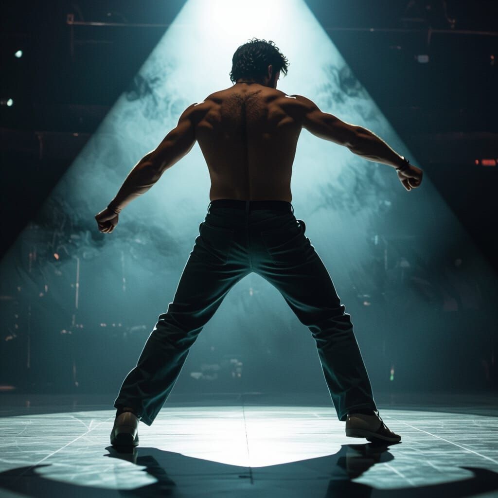 a shirtless male dancer on stage back lit by a spotlight.