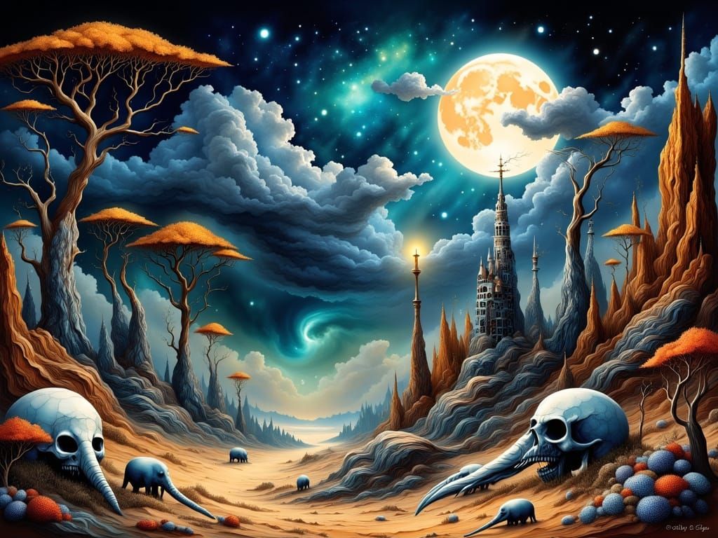 Surrealist Masterpiece in Dreamlike Moonlit Landscape
