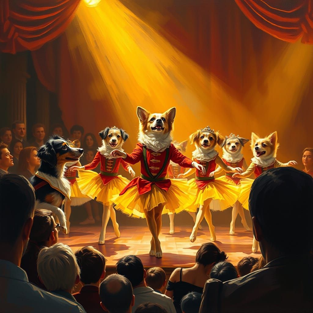 Dogs in Nutcracker Costumes Dancing on Stage