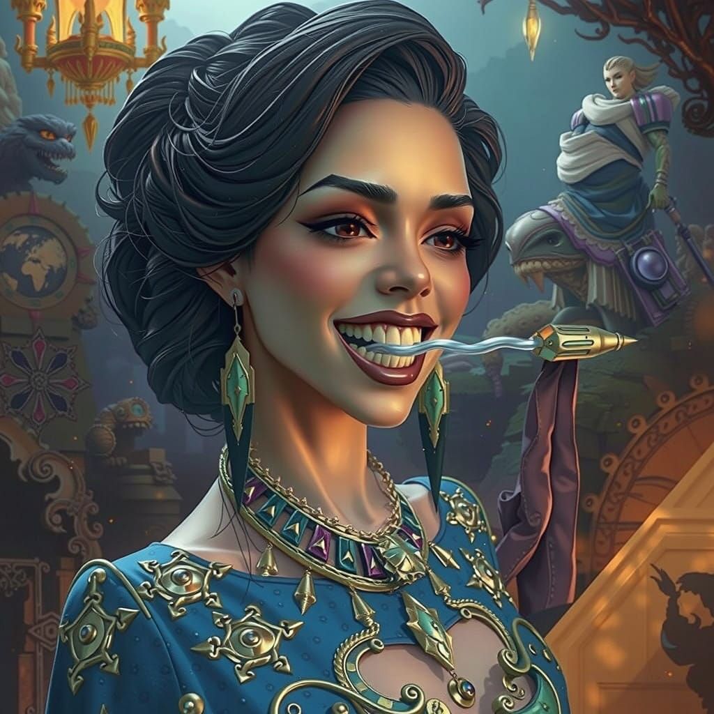 Warrior with Bolt in Teeth, Amidst Vibrant Mystical Landscap...